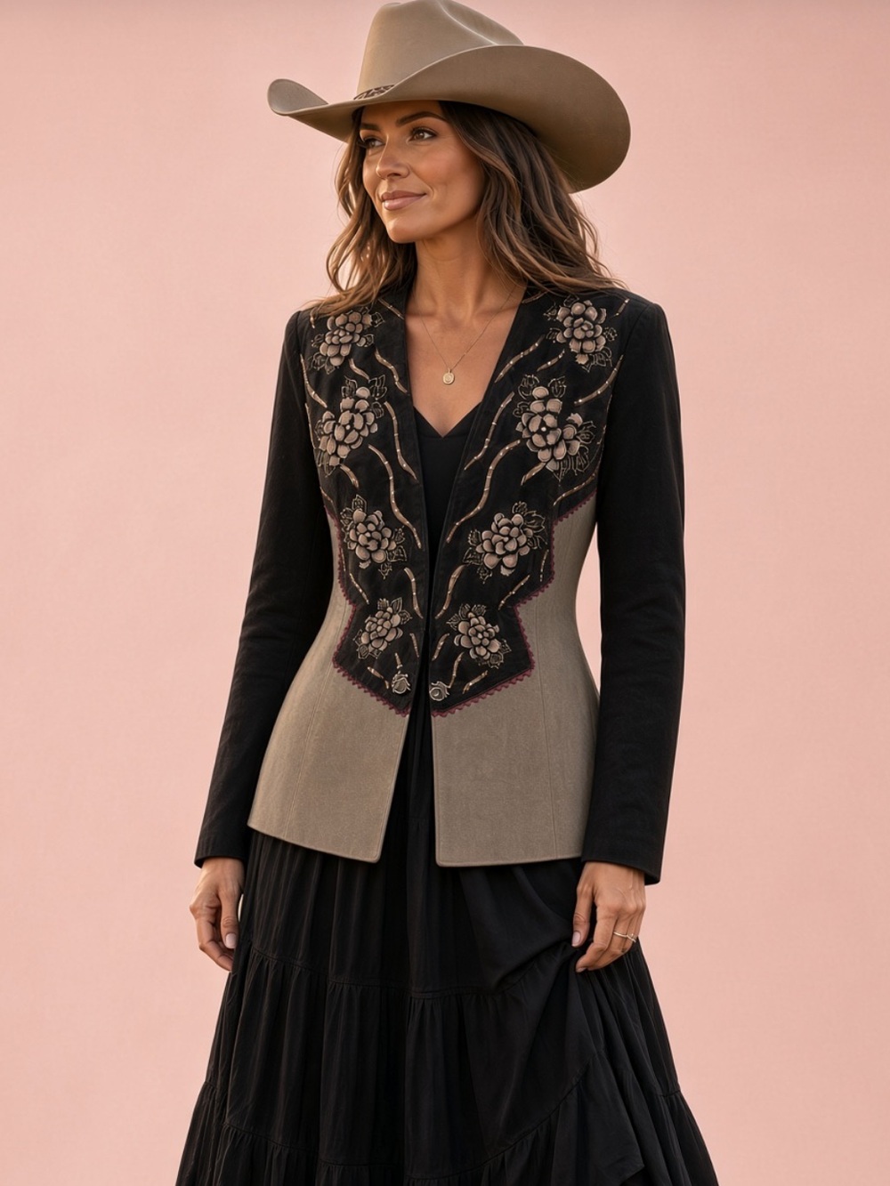 Patricia Wolf hand painted leather suede jacket floral design RTL $595 S